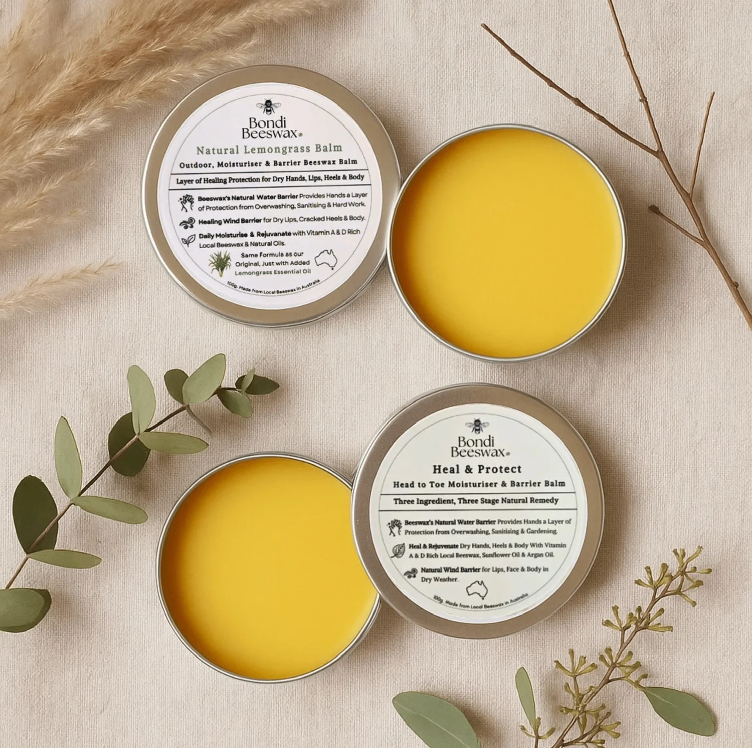 Handcrafted Bondi Beeswax natural balm tins, made with three simple ingredients