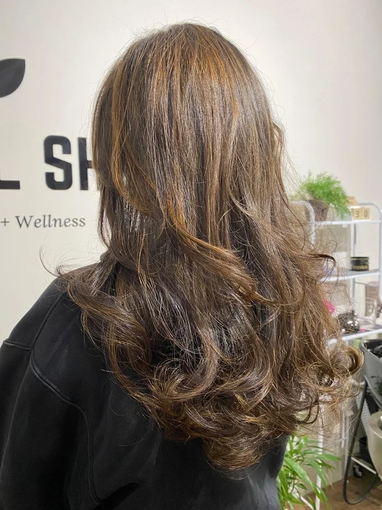 Caramel highlights through long layers, styled at Natural Shine Hair & Beauty in North Kellyville